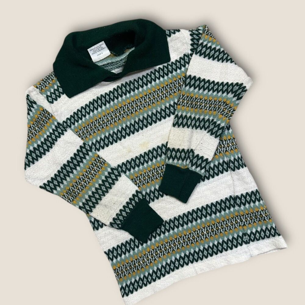 Vintage 1970s Abels Kids Knit Sweater Green Fair Isle Stripe Size 10
